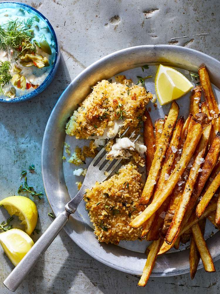 Crispy Seasoned Fish and Chips with Green Olive Tartar Sauce