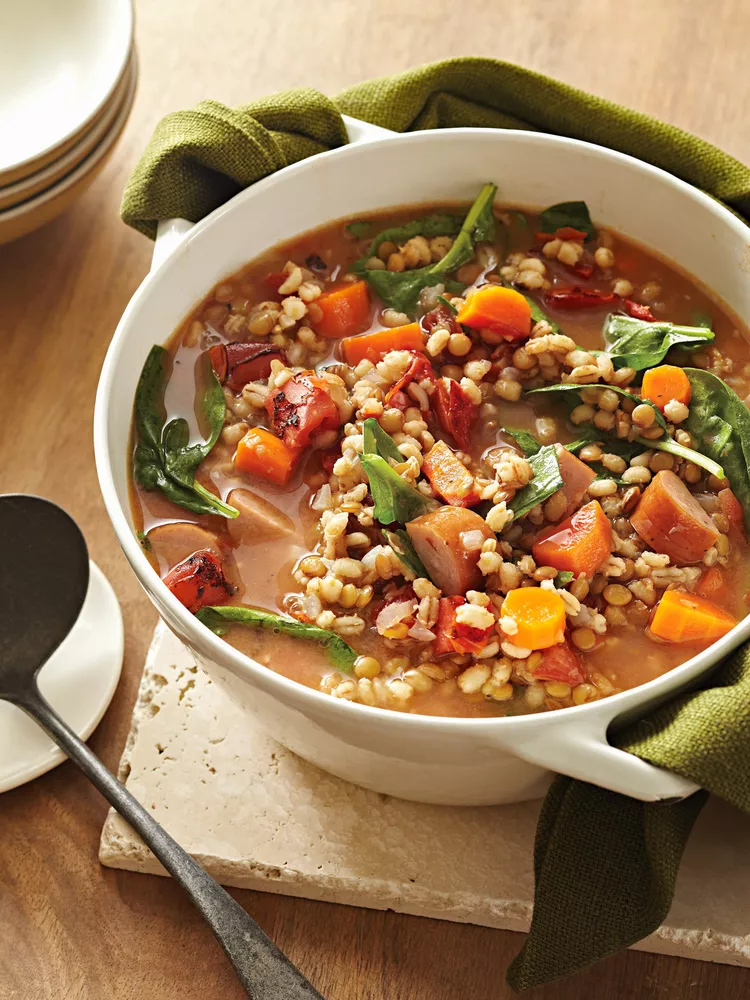 Lentil-Toasted Barley Soup with Sausage