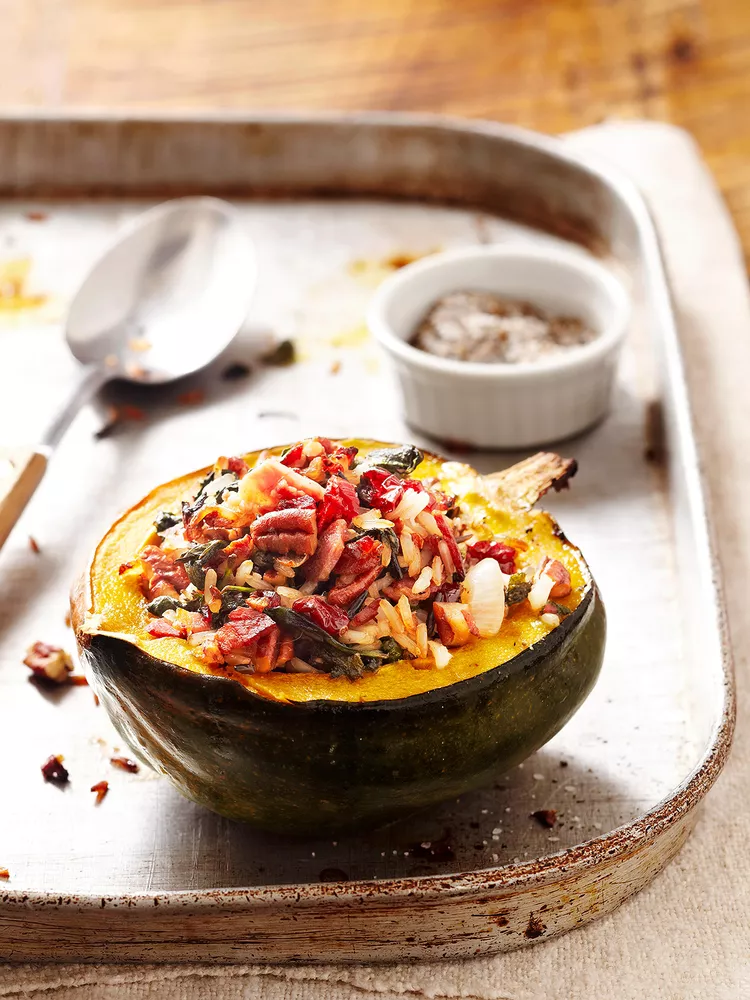 Gluten-Free Wild Rice-Stuffed Acorn Squash with Cranberries and Pancetta