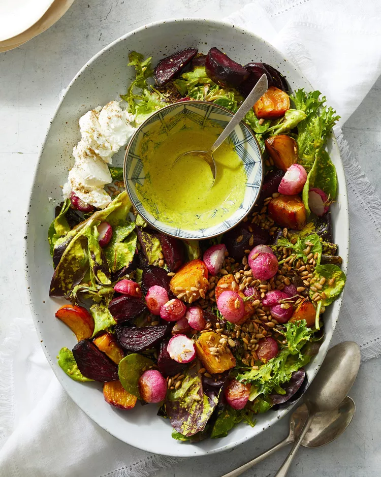 Roasted Beet and Radish Salad with Sunflower Seed Turmeric Vinaigrette