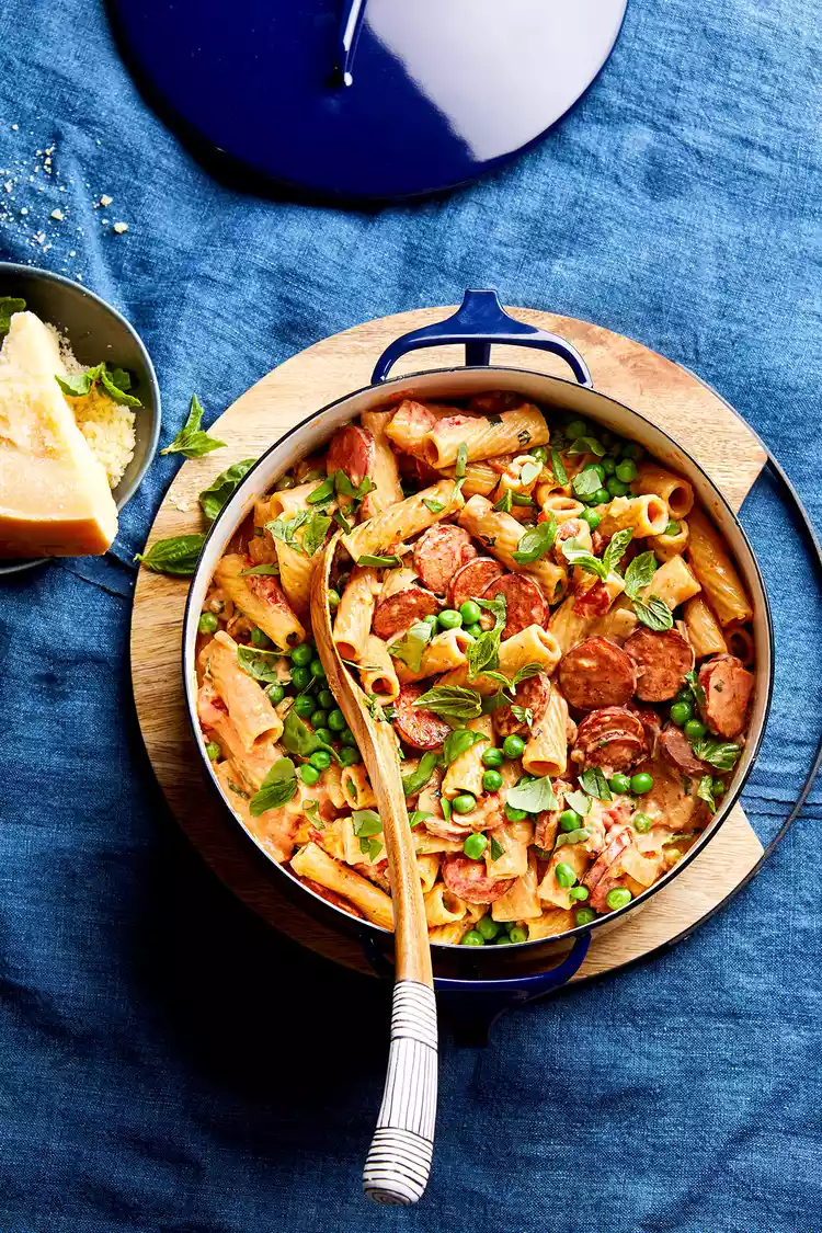 Creamy Sausage Rigatoni with Peas