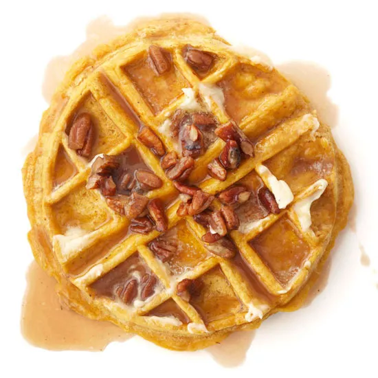 Pumpkin Waffles with Maple Pecan Cream