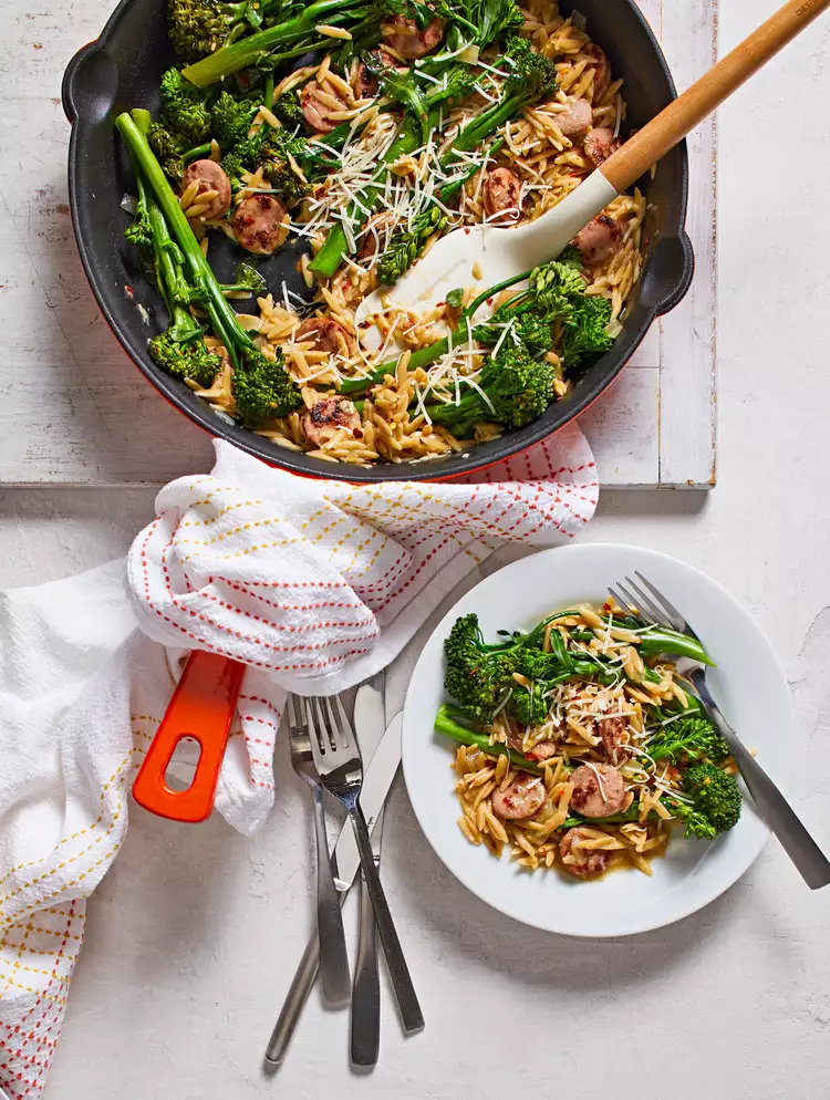 Broccolini, Chicken Sausage, and Orzo Skillet