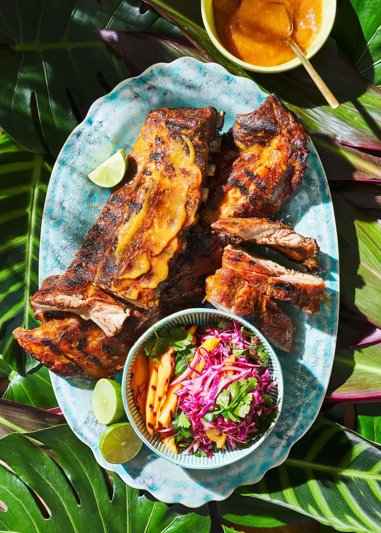 Sweet and Spicy Mango-Sauced Ribs with Smoky Slaw