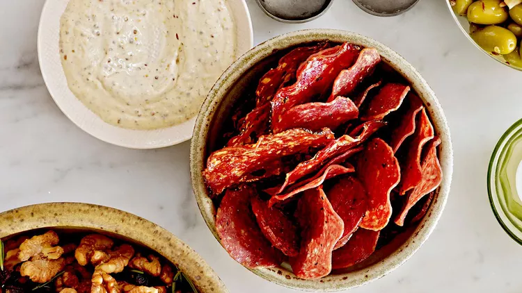 Salami Chips with Grainy Mustard Dip