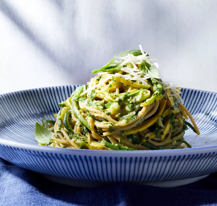 Spaghetti and Zucchini Noodles with Basil-Walnut Pesto