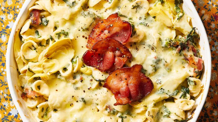 Creamy Orecchiette with Spinach, Artichokes, and Bacon