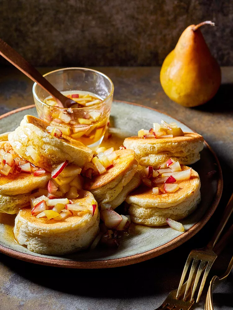 Souffle Pancakes with Maple-Pear Syrup