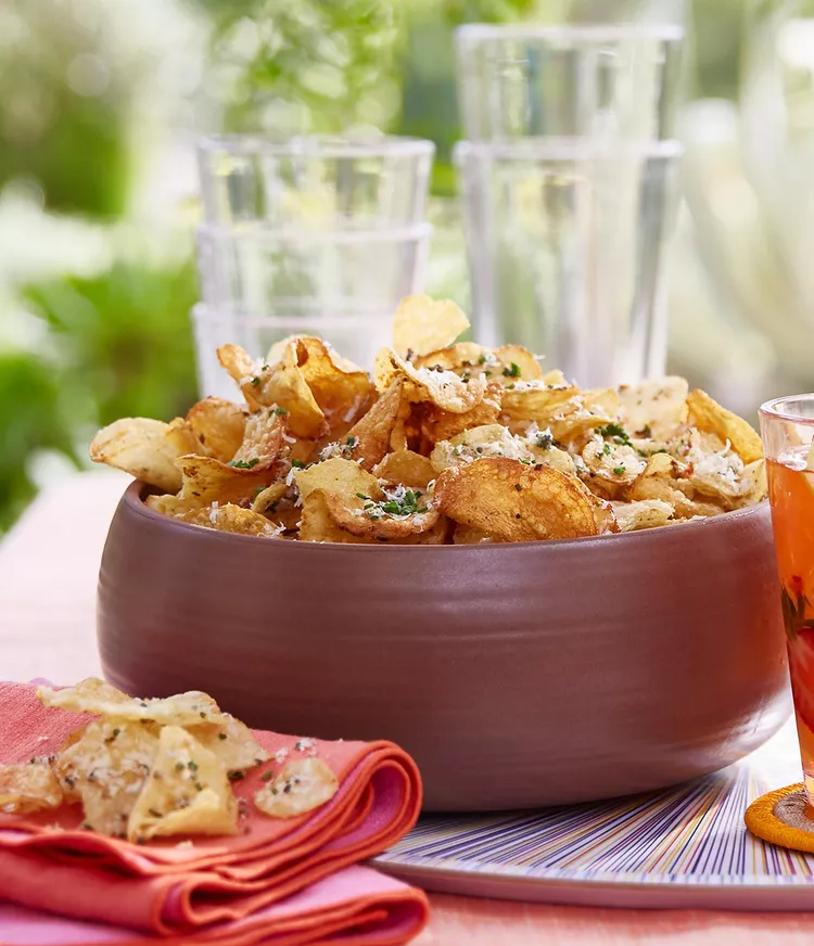 Warm Potato Chips with Parmesan and Herbs