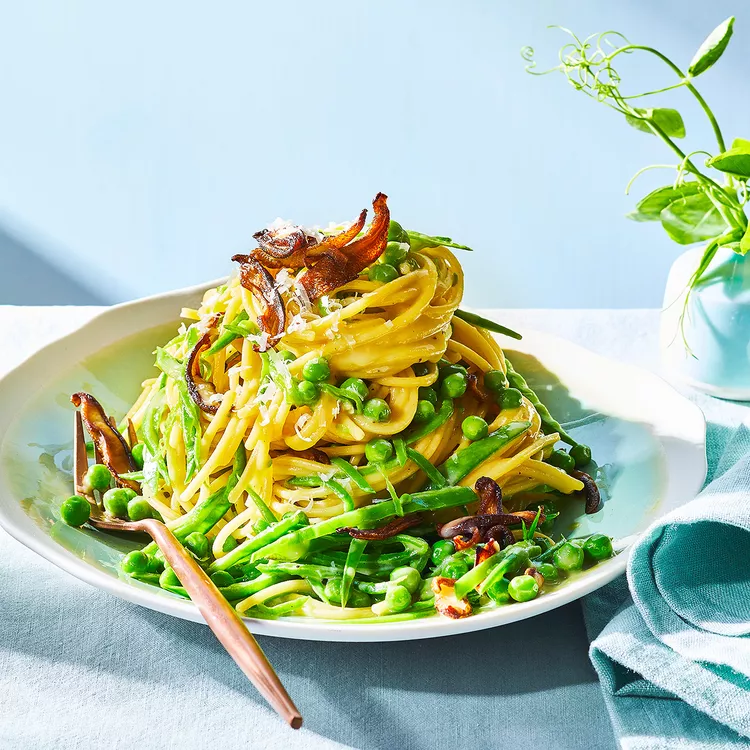 Carbonara-Style Pasta with Peas and Shiitake "Bacon"