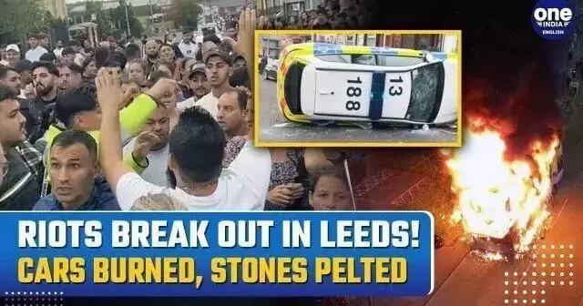 UK Leeds Riots: Rioters Torch Bus, Smash and Overturn Police Car with Pram and Rocks| Watch Video