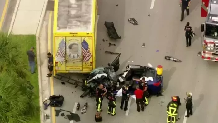 Car, semi collide on Sheridan Street in Hollywood