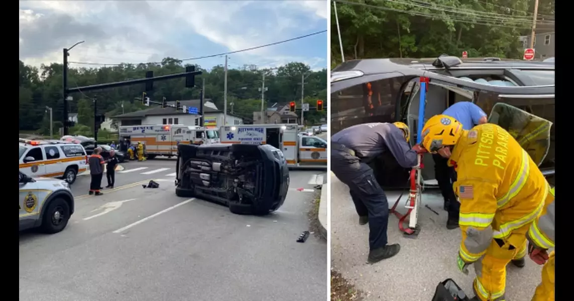 1 rescued after becoming pinned inside overturned car on Banksville Road