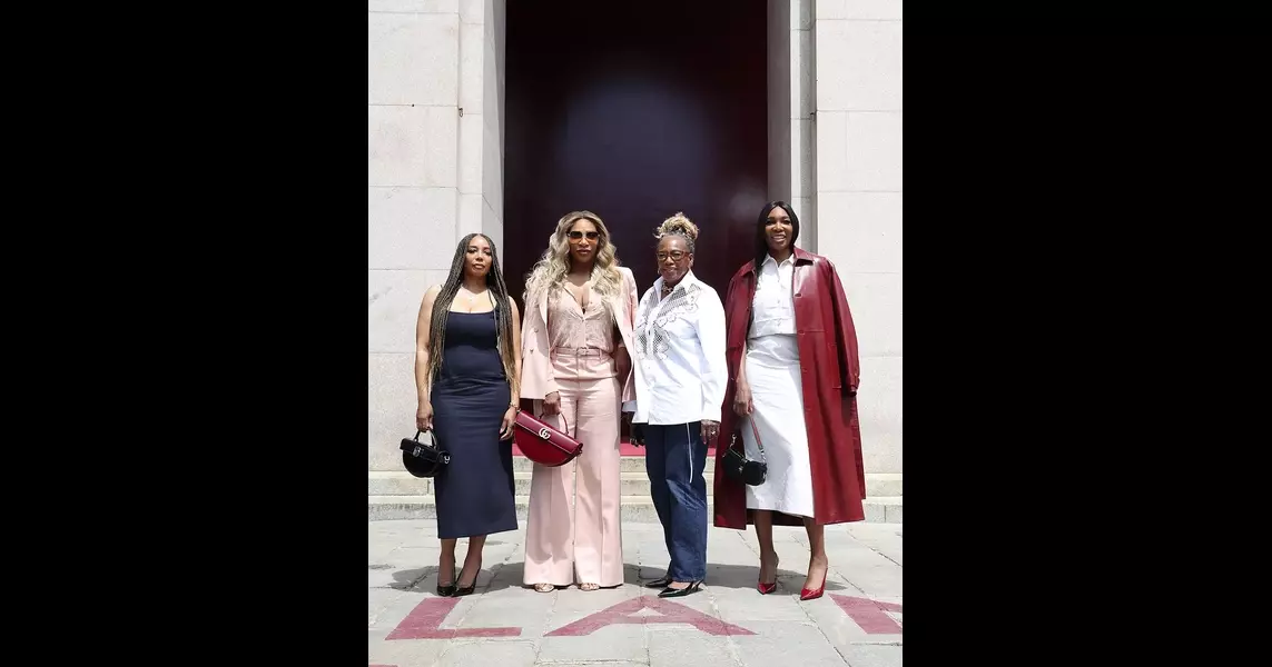 Venus and Serena Williams Model Trending Maroon and Blush Tones Alongside Mother and Half Sister at Gucci Menswear Spring 2025 Show in Milan