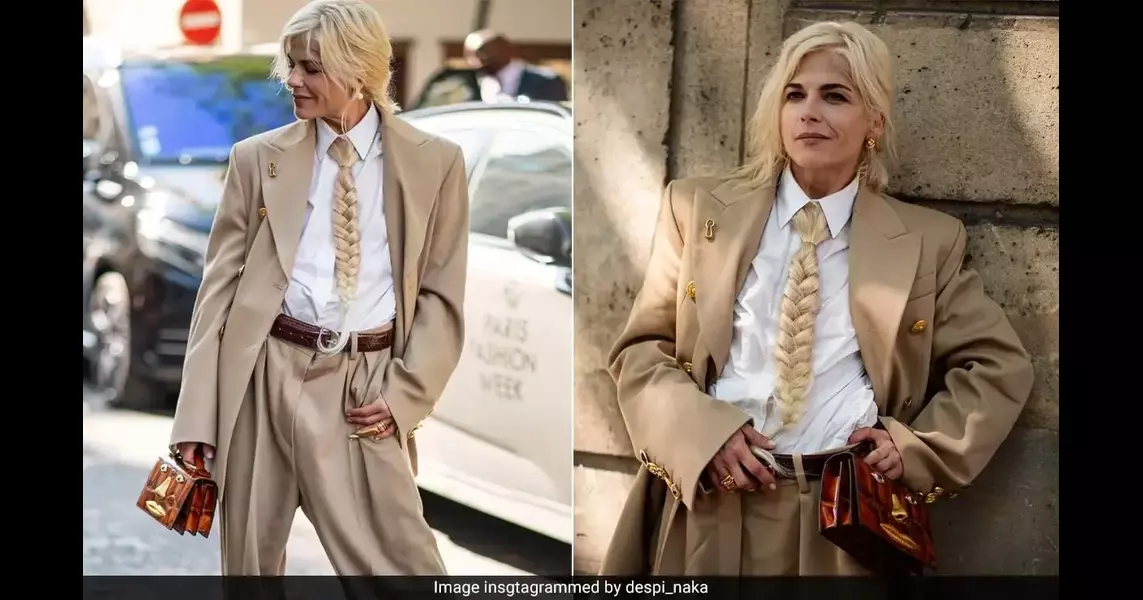 Instead Of A Regular Necktie, Selma Blair Wore A Blonde Hair Braid With Her Beige Pantsuit