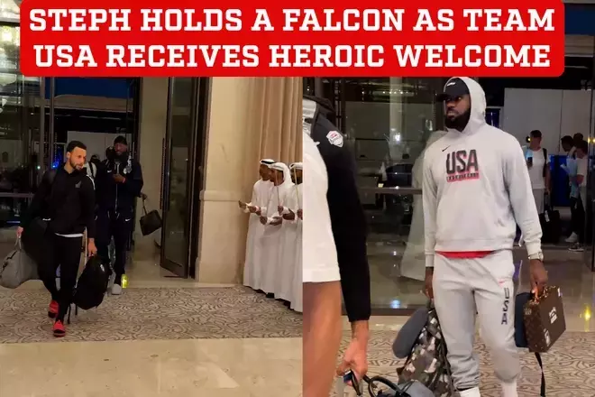 Steph Curry is given a live falcon to hold as USA Olympics basketball stars are greeted by a guard of honor