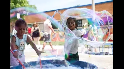 At Bubble Works event in Oak Park, kids enjoy soapy science