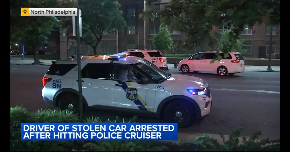 Stolen car strikes Philadelphia police cruiser during traffic stop; suspect apprehended