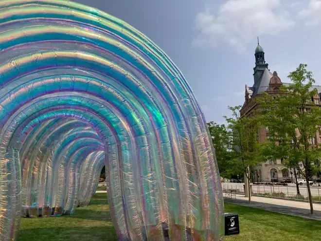 Five, 20-foot-tall rainbow arcs on display on Marcus Performing Arts Center outdoo grounds