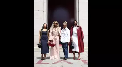 Venus and Serena Williams Model Trending Maroon and Blush Tones Alongside Mother and Half Sister at Gucci Menswear Spring 2025 Show in Milan