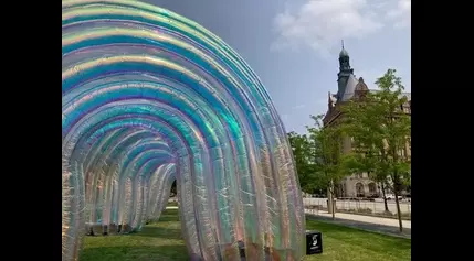 Five, 20-foot-tall rainbow arcs on display on Marcus Performing Arts Center outdoo grounds