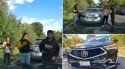 Chaotic footage shows suspected fraudsters reverse into car, fake…